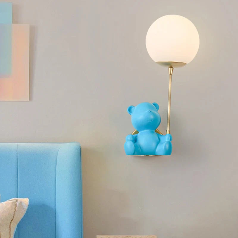 Axyaa Bear Wall Lamps | Glass Lampshade Pull Line Switch | Kids Bedroom Nursery Bedside Lamp