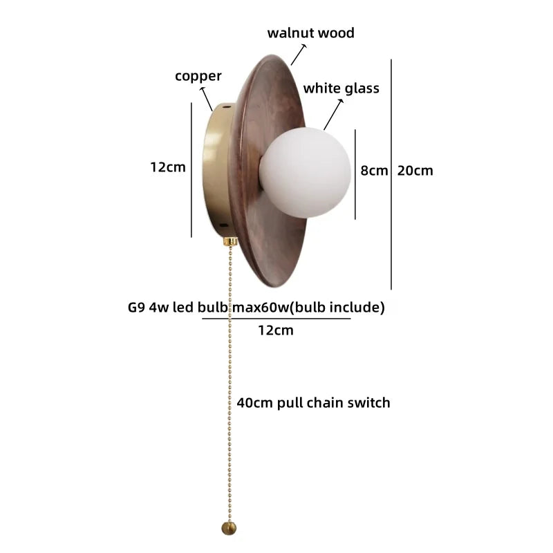 Axyaa Round Wood Glass Ball LED Wall Sconces for Bedroom and Living Room