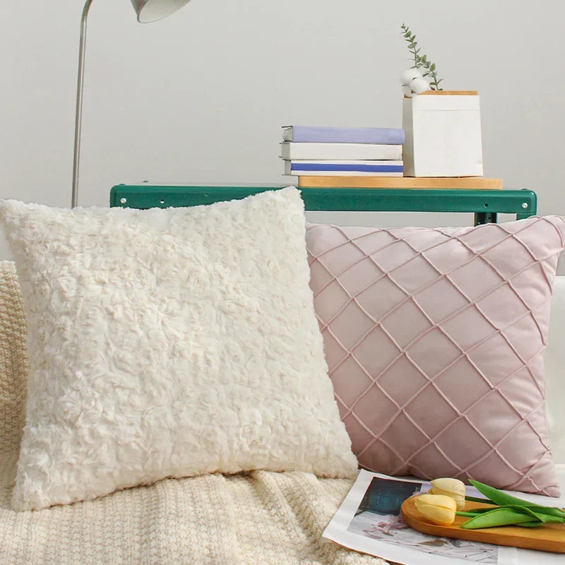 Axyaa White/Pink 45x45 Plush Cushion Cover for Living Room Sofa Couch Office
