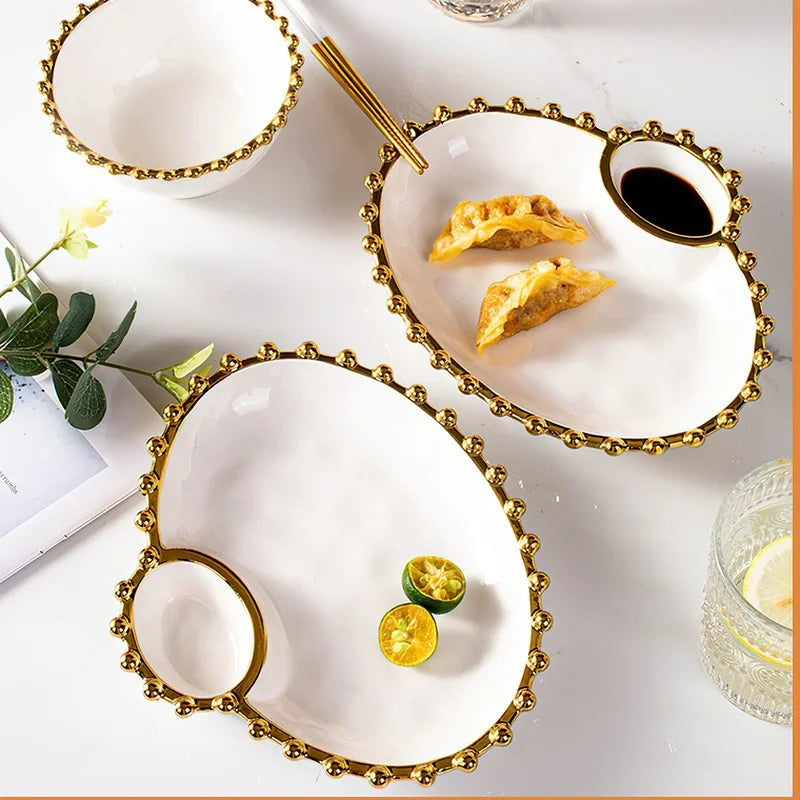 Axya Phnom Penh Beads Ceramic Snack Plate and Porcelain Rice Bowl Set