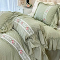 Axyaa Romantic Lace Gauze Bedding Set: Queen Size, Elegant Princess Style, Embroidered Duvet Cover, Ruffled Quilt Cover