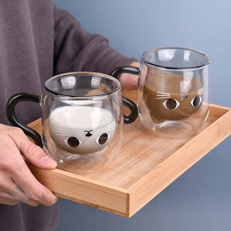 Axya 250ml Cartoon Cat Double Wall Glass Coffee Tea Cup Heat-resistant Mug