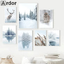 Axyaa Winter Lake Forest Owl Deer Snow Canvas Wall Art Print for Modern Home Decor