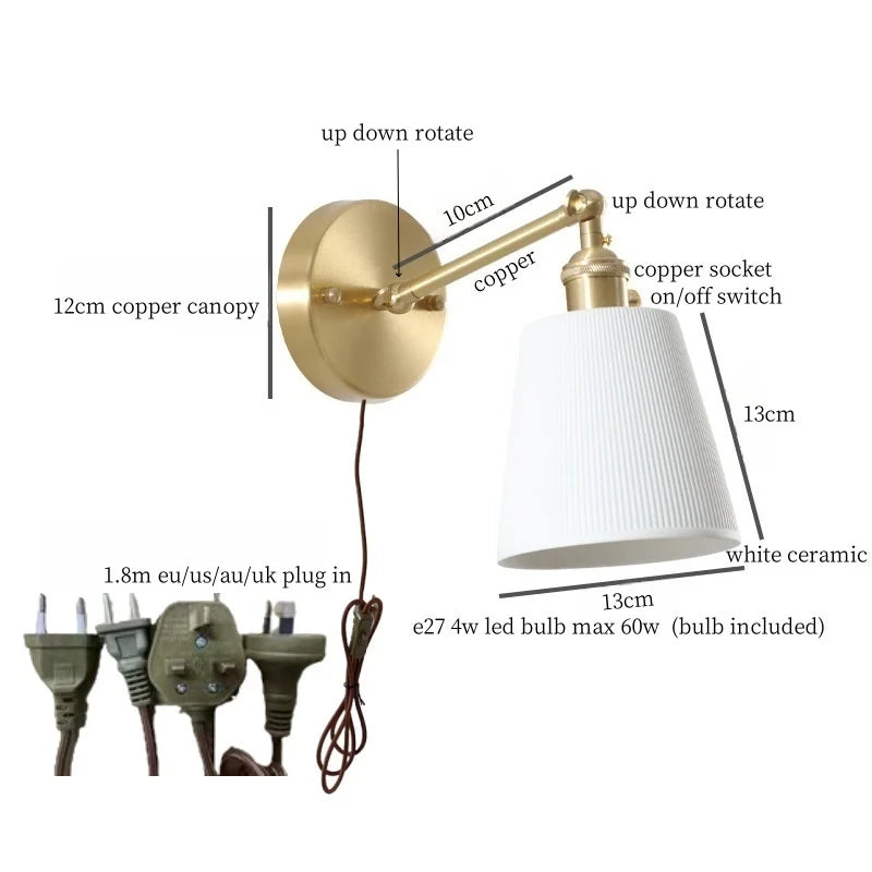 Axyaa White Ceramic LED Wall Sconce Lamp, Nordic Copper Minimalism for Living Room, Bedroom