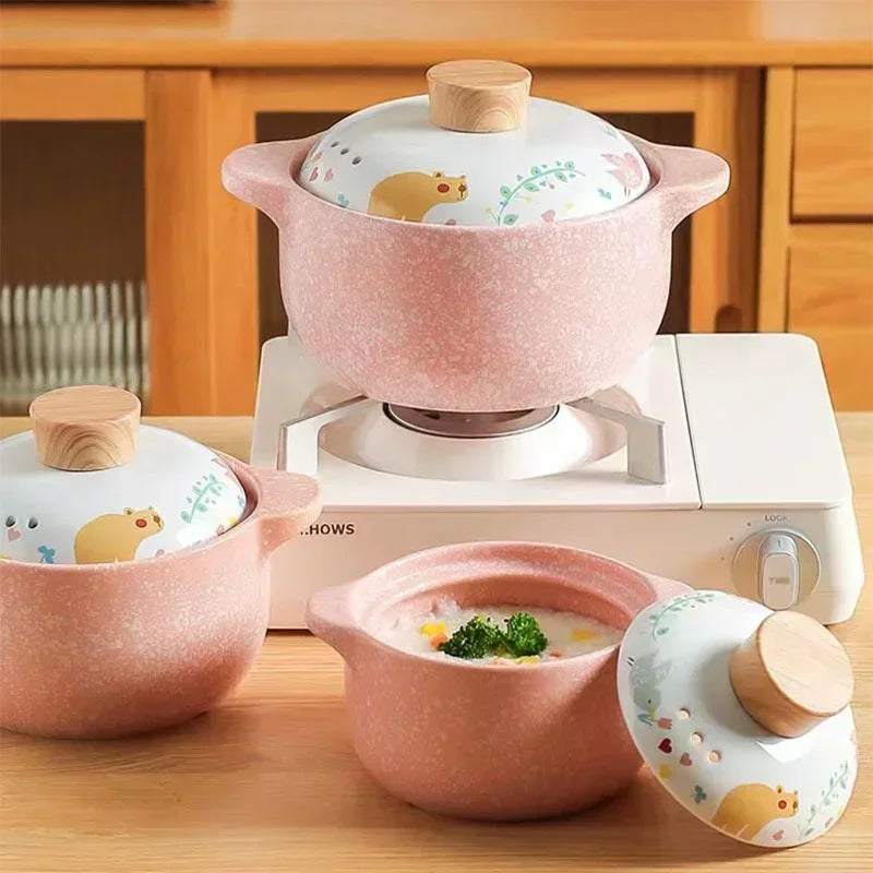 Axya Ceramic Casserole Korean Cartoon Soup Pot Cute Pink Cookware Utensils for Home Kitchen