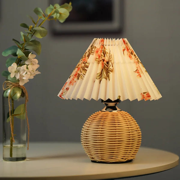 Rattan Table Lamp with Fabric Shade & Ceramic Base by Axya