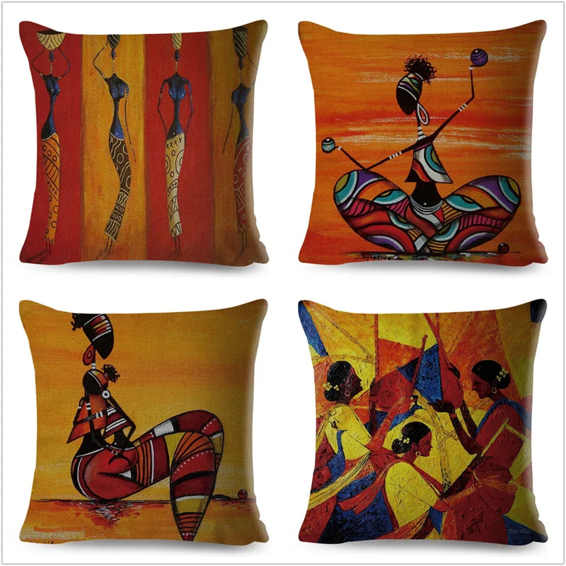 Axyaa Abstract African Woman Decorative Cotton Linen Cushion Cover