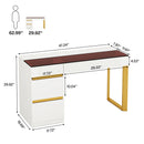 Axyaa Glass Top Writing Desk with Drawers, 47 Inch Modern Home Office, White/Gold