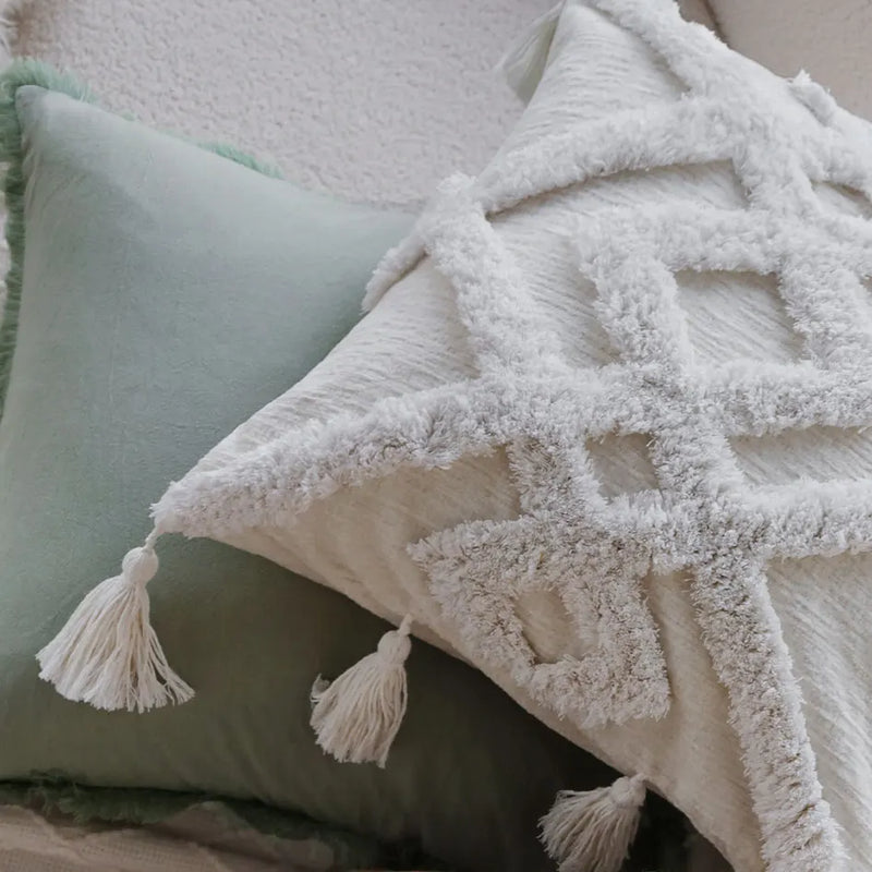 Axyaa White Tufted Tassel Cushion Cover - Mori Style Home Decor Pillowcase