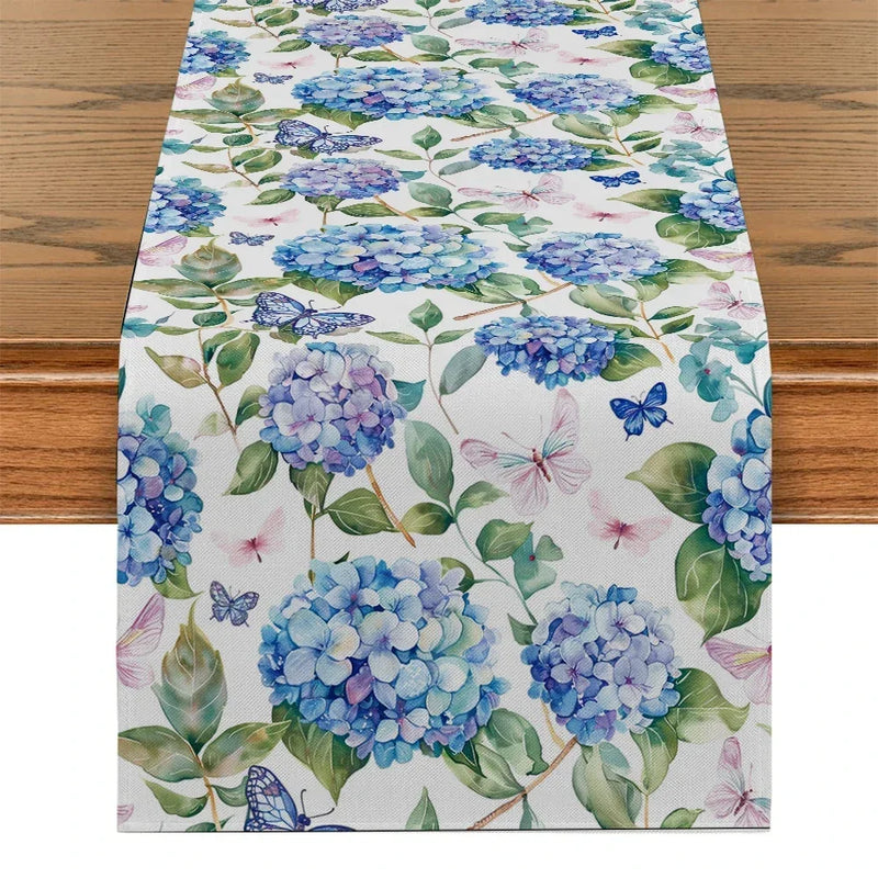 Hydrangea Dragonfly Butterfly Table Runner by Axyaa for Kitchen Dining Living Room