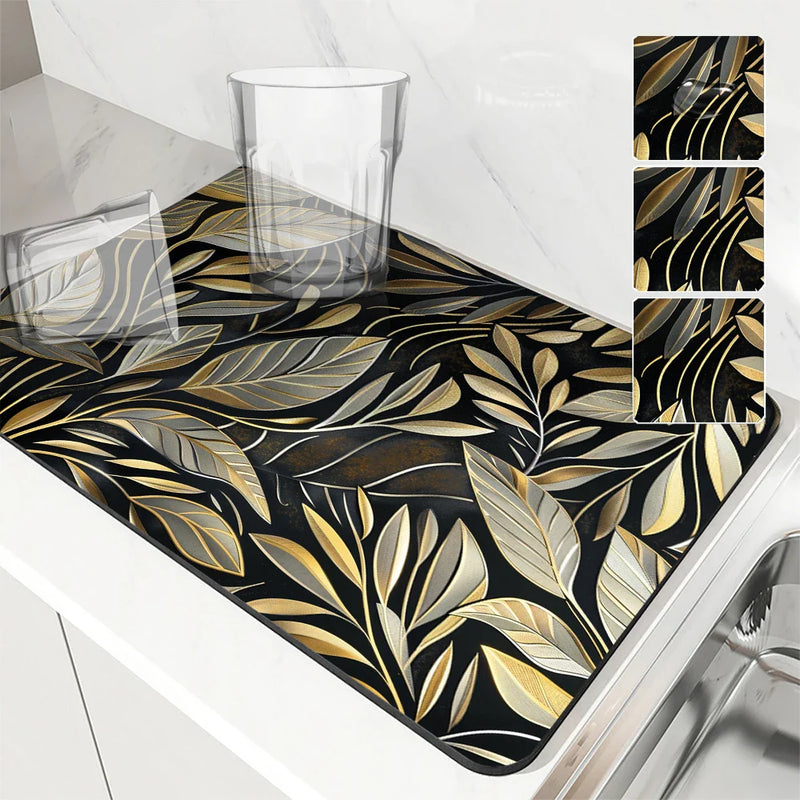 Axyaa Metallic Floral Branches Drying Mat: Non-Slip Absorbent Placemat