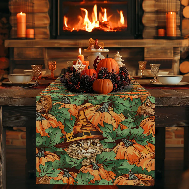 Axyaa Halloween Pumpkin Cat Table Runner for Dining and Wedding Decor