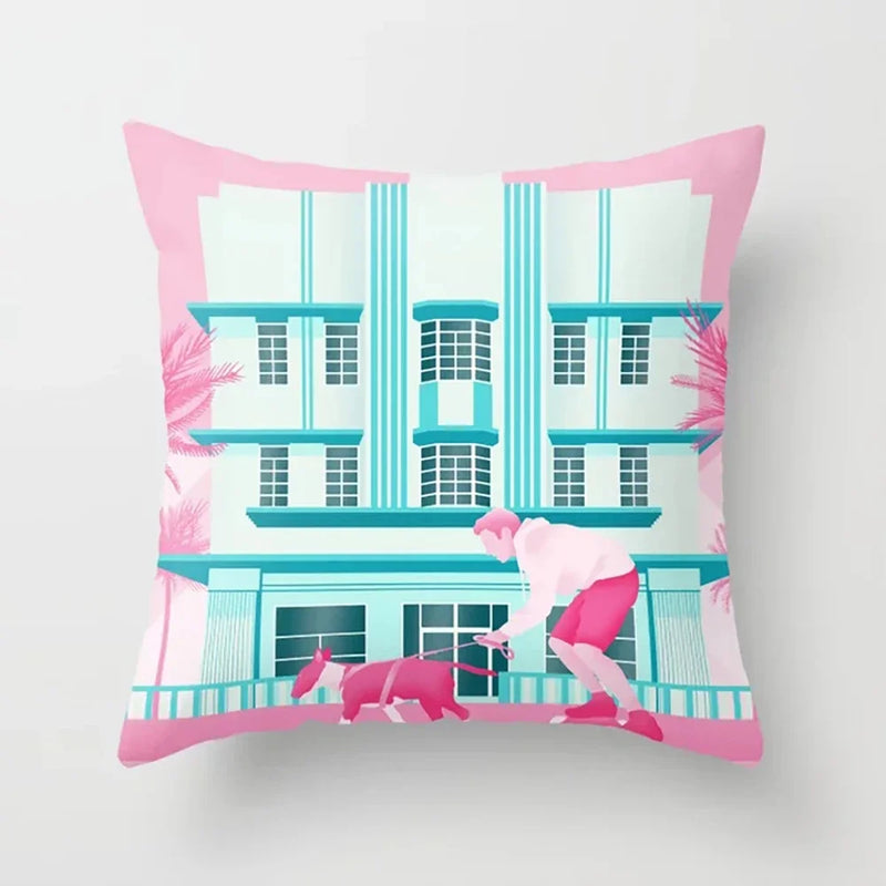 Pink Anime City Print Polyester Pillowcase 45x45cm for Bedroom Living Room by Axyaa.