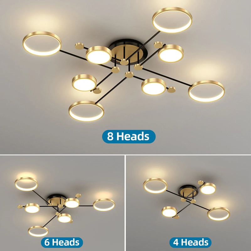 Axyaa Black Gold 8-Light Remote Chandelier - Dimmable for Living Room, Bedroom & Hotel