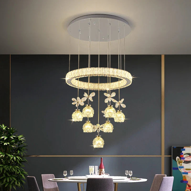 Axyaa Crystal Petal Ceiling Chandelier: Modern Round Chrome Hanging Light Fixture