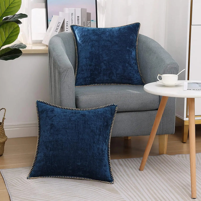 Luxury Blue Chenille Cushion Covers with Stitched Edge for Sofa Decor - Axyaa