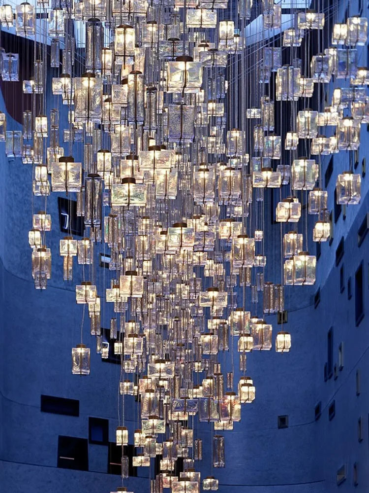 Axyaa Crystal Cube Pendant Light: Modern Designer Chandelier for Hotel Living Room