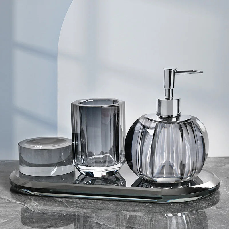 Axya Crystal Bathroom Kit: Soap Bottle, Pump Dispenser, Soap Dish, Toilet Storage Bin