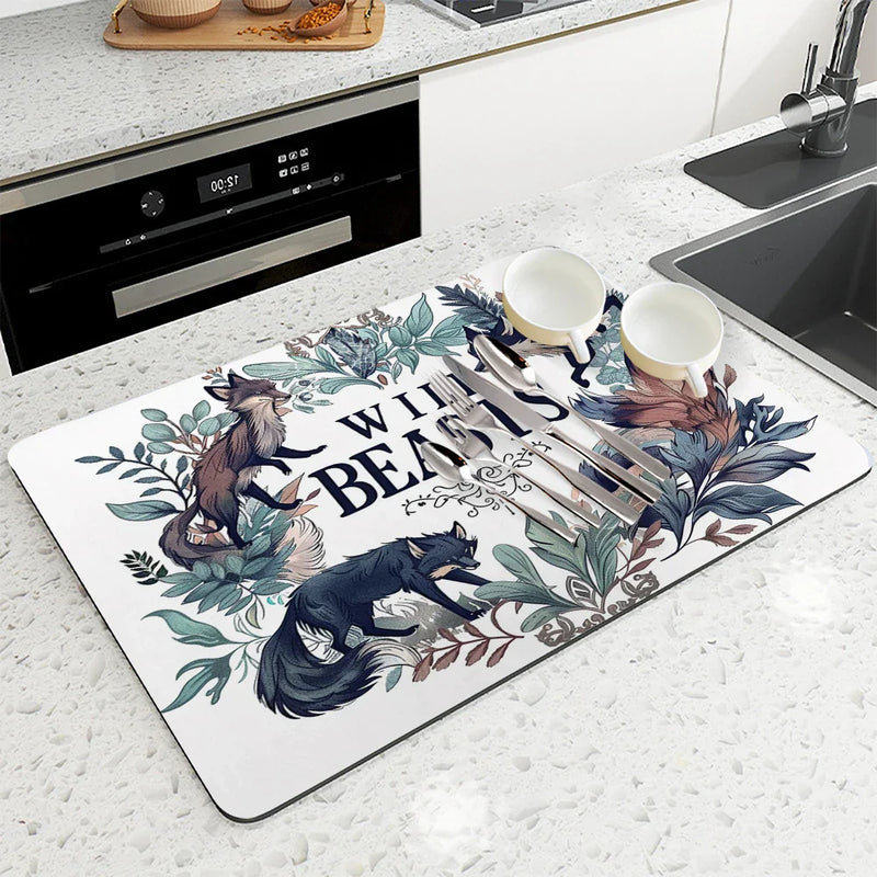 Axyaa Plant Leaves Kitchen Mat - Absorbent, Antiskid, Quick Dry Dish Drying Pad