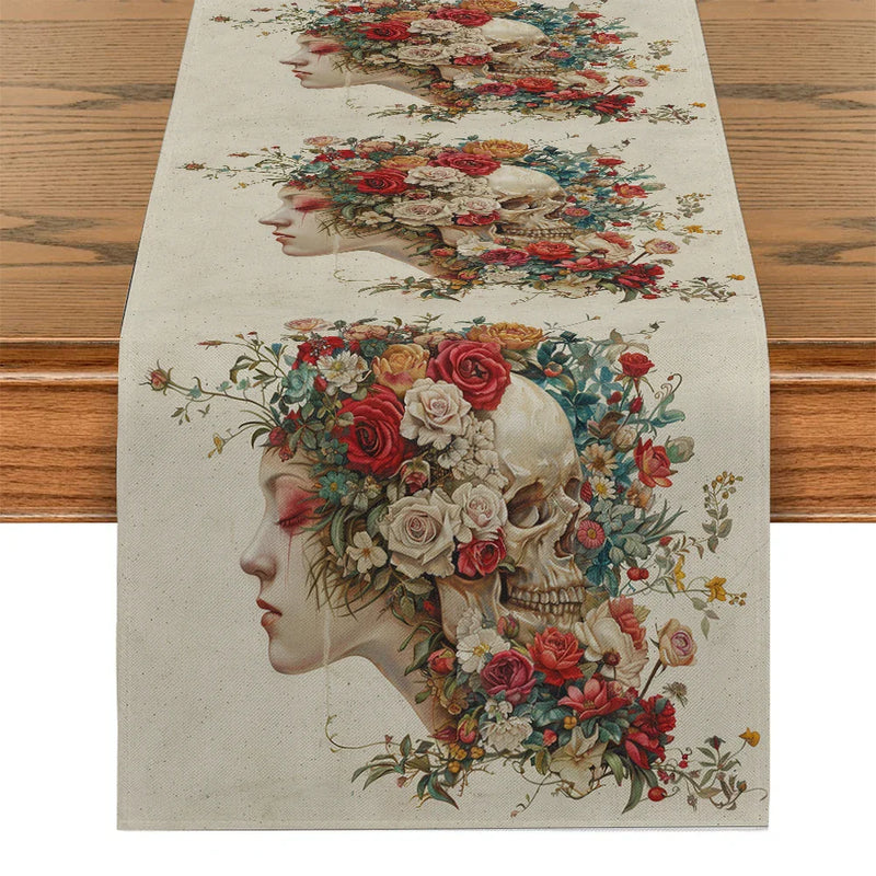 Axyaa Floral Skull Table Runner for Kitchen Dining Decor