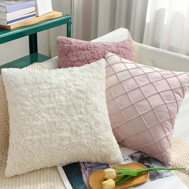 Axyaa White/Pink Plush Cushion Cover 45x45 for Living Room Sofa, Office Décor