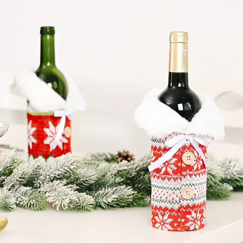Knitted Red Sweater Christmas Bottle Bag Snowflake Xmas New Year Gift Ornaments