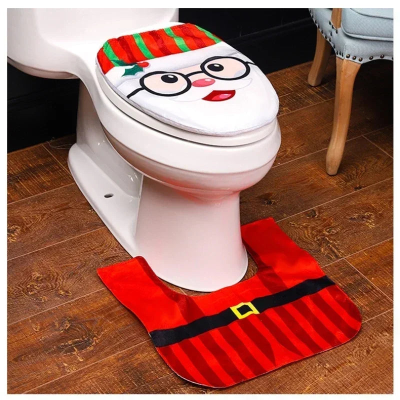 Axyaa Christmas Bathroom Set: Santa Claus Snowman Pattern Toilet Cover & Rug