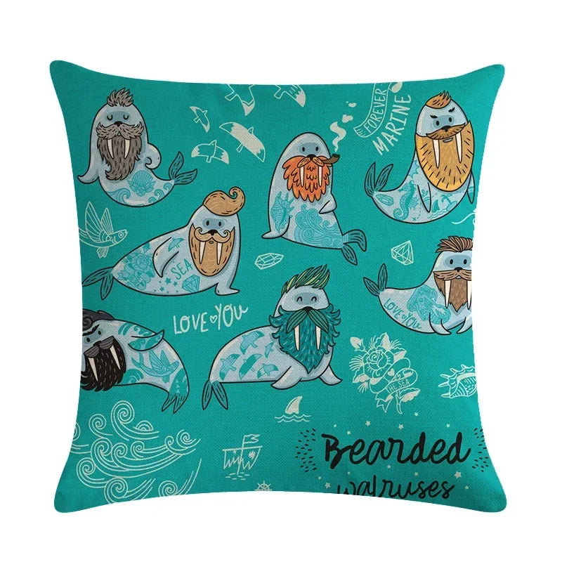 Axyaa Sea Lion Linen Pillowcase for Sofa Bedroom Children's Room Decor 45cm*45cm