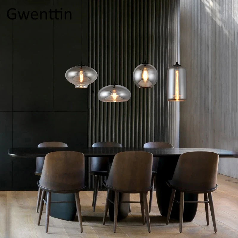 Axyaa Nordic Smoky Gray Glass Pendant Lights LED E27 Industrial Hanging Lamp