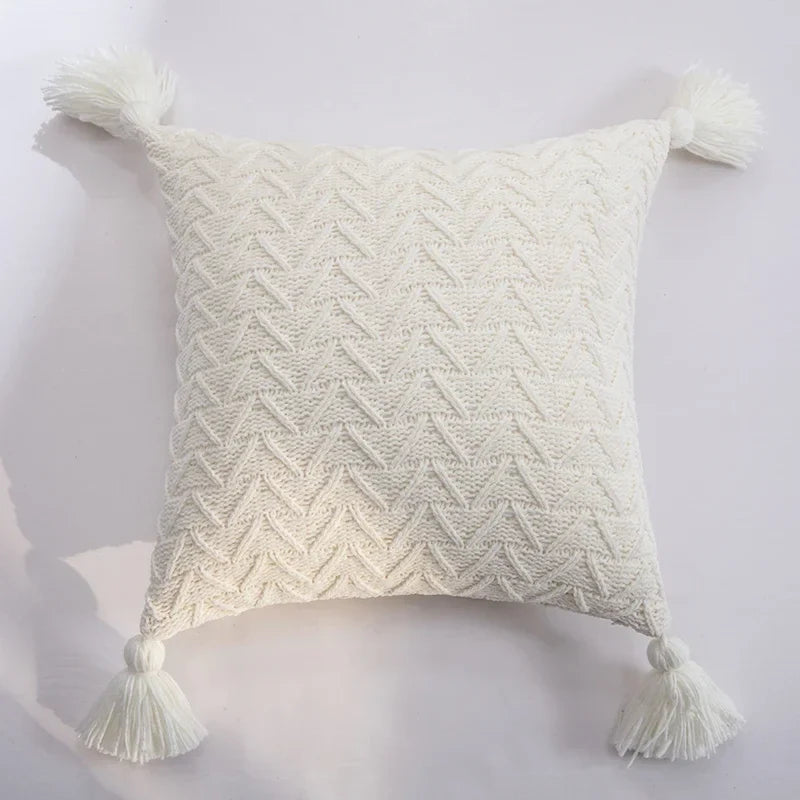 Axyaa Soft Knit Cushion Cover 45x45cm Solid Pillow Case with Tassels