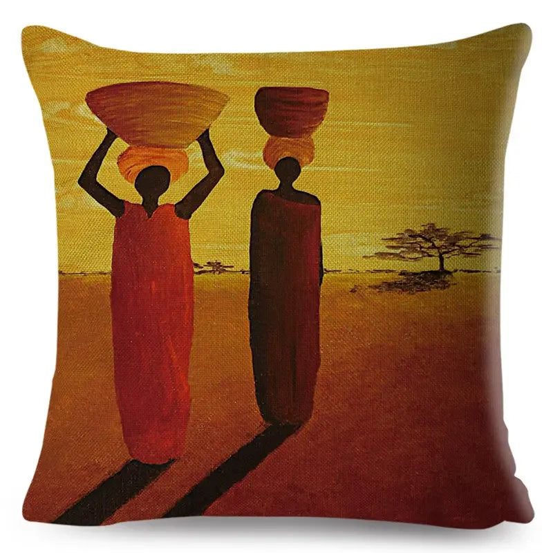 Axyaa Abstract African Woman Decorative Cotton Linen Cushion Cover