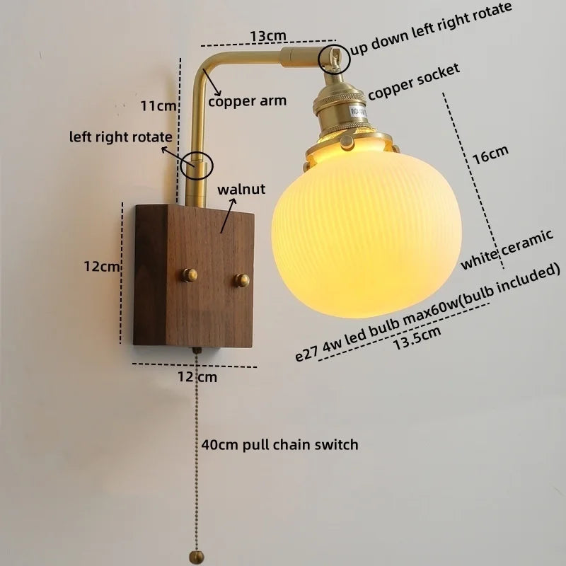 Axyaa Walnut Ceramic LED Wall Lamp with Pull Chain Switch