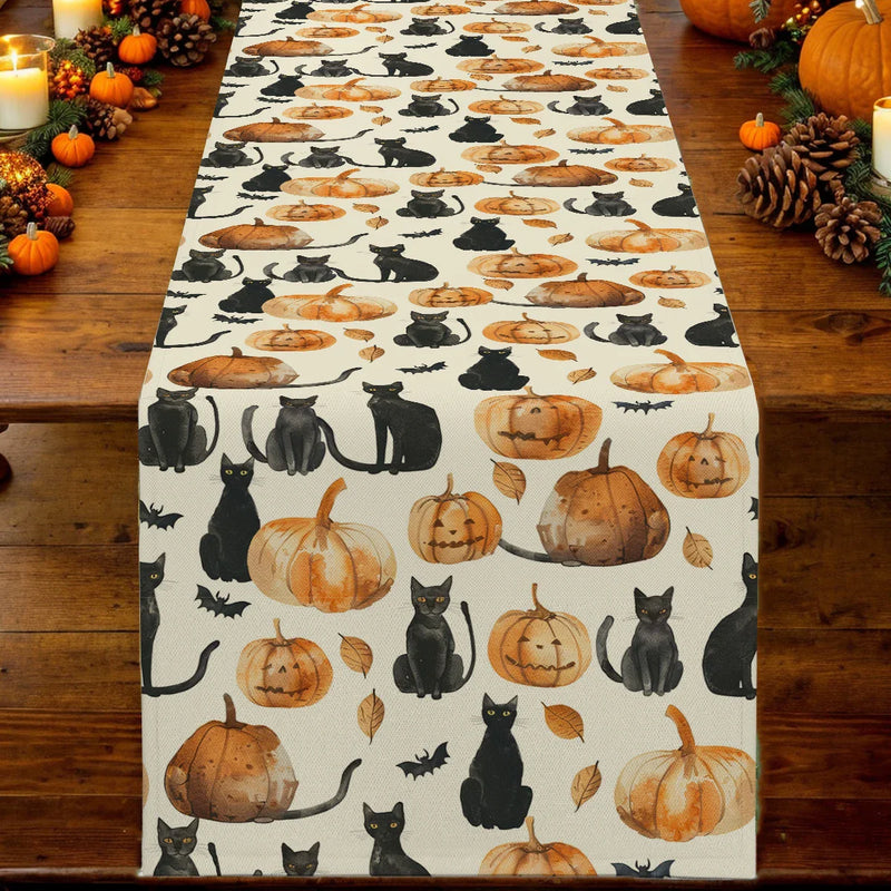Watercolor Pumpkin Black Cat Table Runner by Axyaa