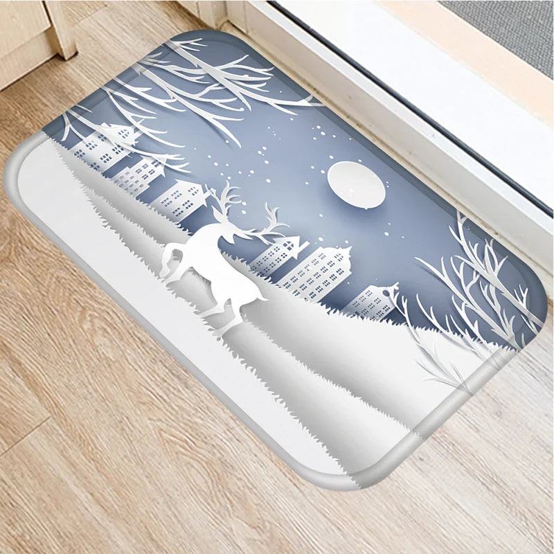 Axyaa Christmas Snow Deer Print Door Mat Non-Slip Floor Carpet - Home New Year Decoration