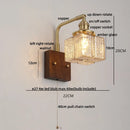 Axyaa LED Walnut Wood Wall Light Amber Glass Stair Sconce with Pull Chain Switch