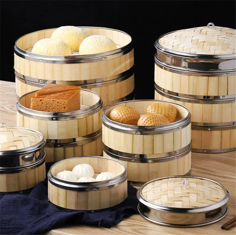 Axya Bamboo Steamer Basket with Stainless Steel Banding - Bun Dumplings DimSum Cage