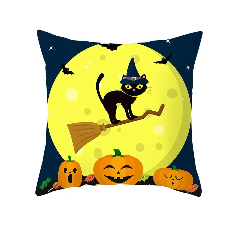 Axyaa Black Cat Pumpkin Cushion Cover 45x45 cm - Home Decor Funny Printed Pillow Case