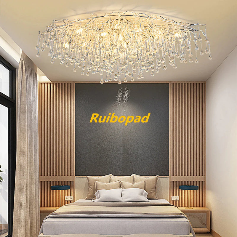 Axyaa Chrome Teardrop Crystal Ceiling Chandelier - Modern Luxury Branch Crystal Chandeliers