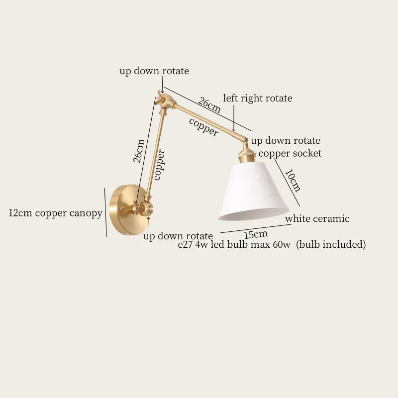 Axyaa Ceramic LED Wall Lamp Pull Chain Switch Nordic Copper Wandlamp