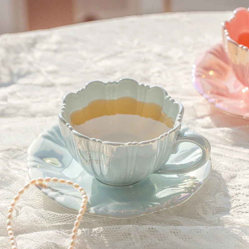 Axya Petal Ceramic Coffee Cup and Saucer Set for Afternoon Tea and Milk - 8oz