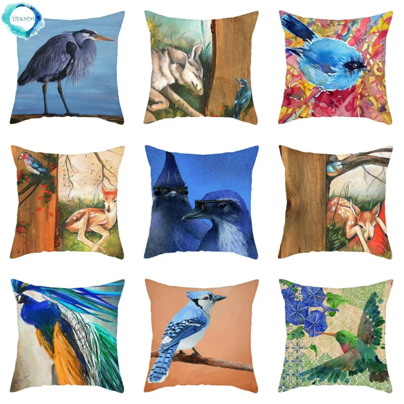 Blue Bird Print Cushion Cover by Axyaa - Home Decor Pillow Case for Sofa Bed