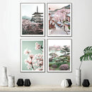 Cherry Blossoms Temple Village Canvas Painting by Axyaa - Wall Art for Living Room Home Decor