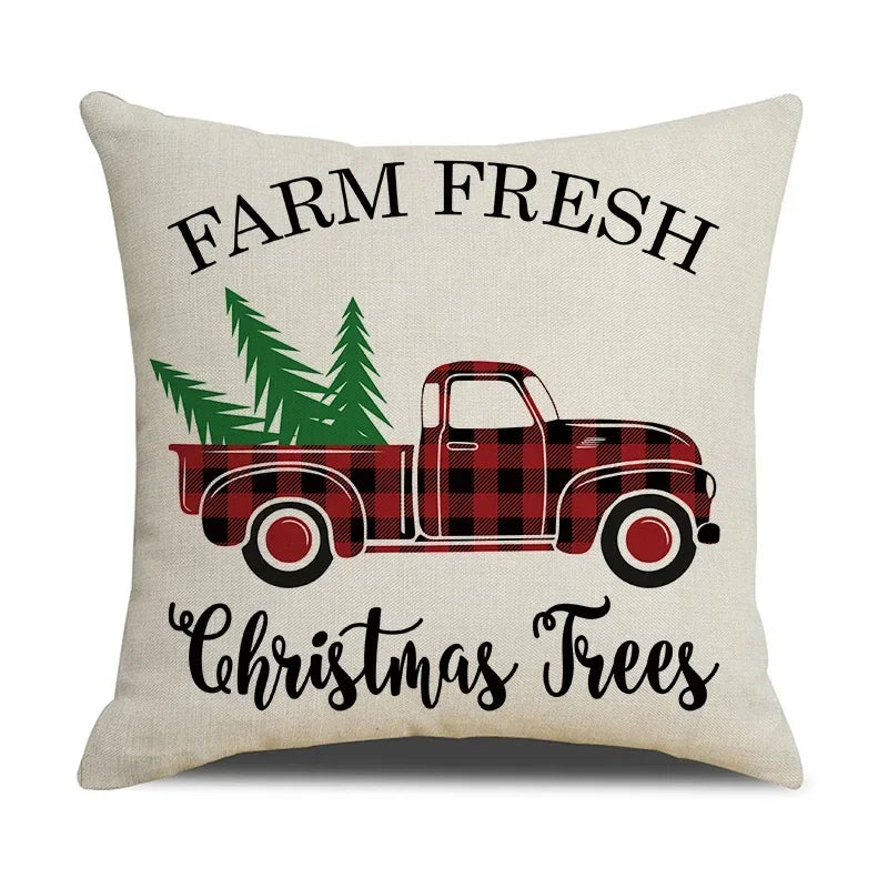 Axyaa Christmas Linen Print Throw Pillow Cover for Home Sofa, Living Room and Bedroom
