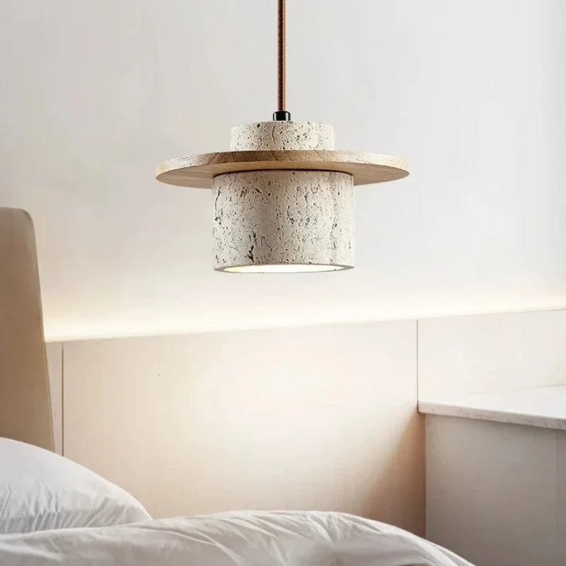 Axyaa Stone Wood Cream LED Pendant Chandelier for Bedroom Home Decor