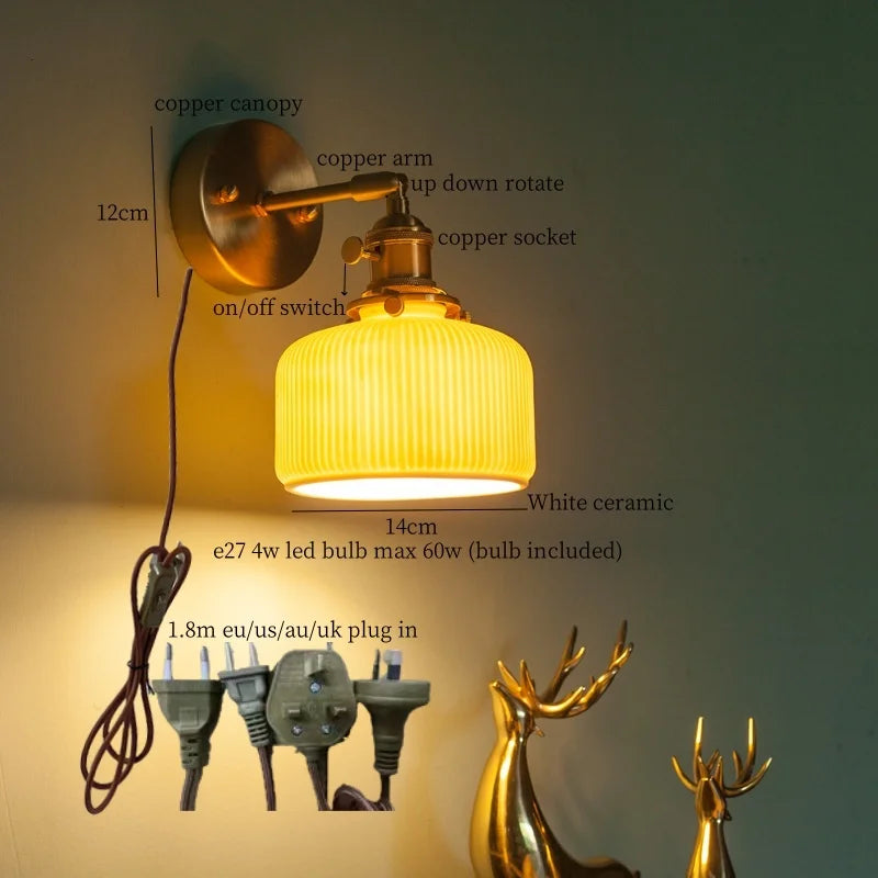Axyaa Nordic LED Wall Lamps, Modern Copper Arm Ceramic Light for Living Room, Bedroom