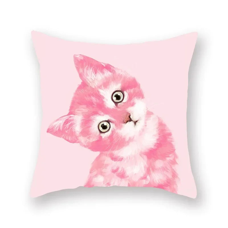 Floral Animal Painting Pillowcase Pink Cat Dog Llama Sofa Cushion Cover Home Decor