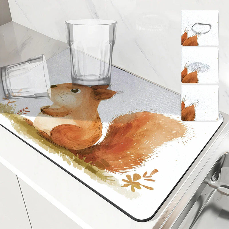 Axyaa Watercolor Squirrel Cartoon Absorbent Drying Mat, Antiskid & Quick Dry