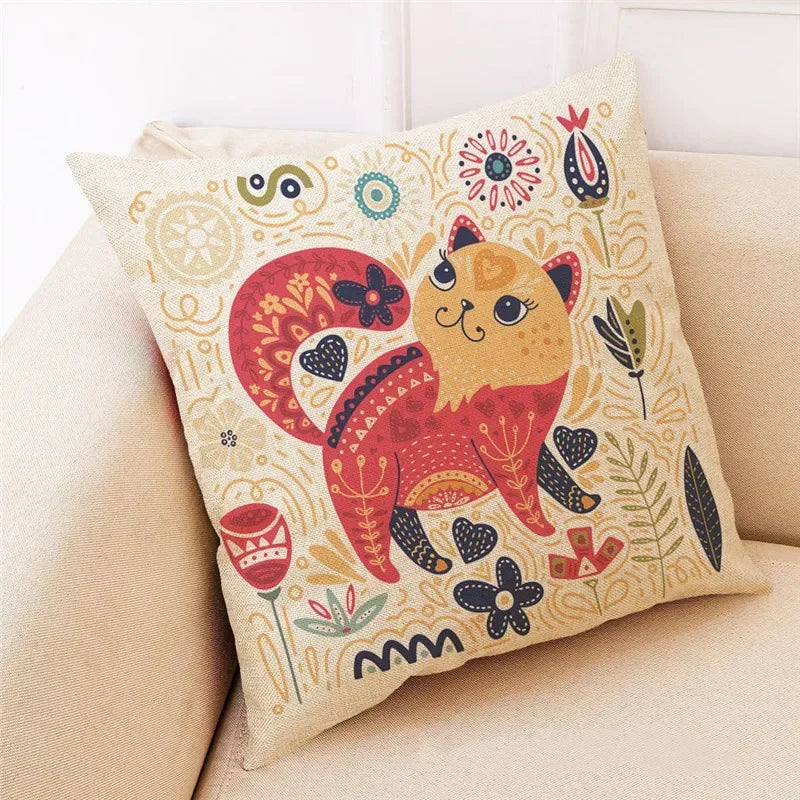 Axyaa Cat Print Linen Pillowcase 45x45cm Home Decor Cushion Cover