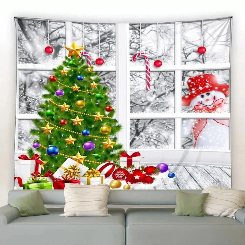 Axyaa Christmas Tapestry: Festive Snowman & Tree Print for Home Decor