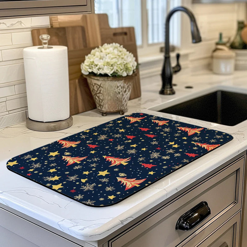 Christmas Tree Snow Stars Drying Mat - Non-Slip Absorbent Kitchen Placemat by Axyaa